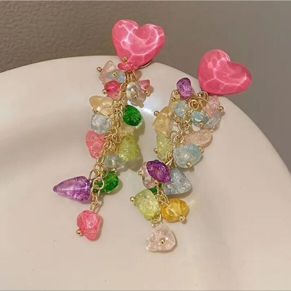 Pink Heart Shaped Tassel Earrings - Picture 3 of 4